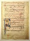 MANUSCRIPT LEAF ASCENSION. Vellum leaf from a Latin antiphonary with illuminated initial P. Italy, 14th century